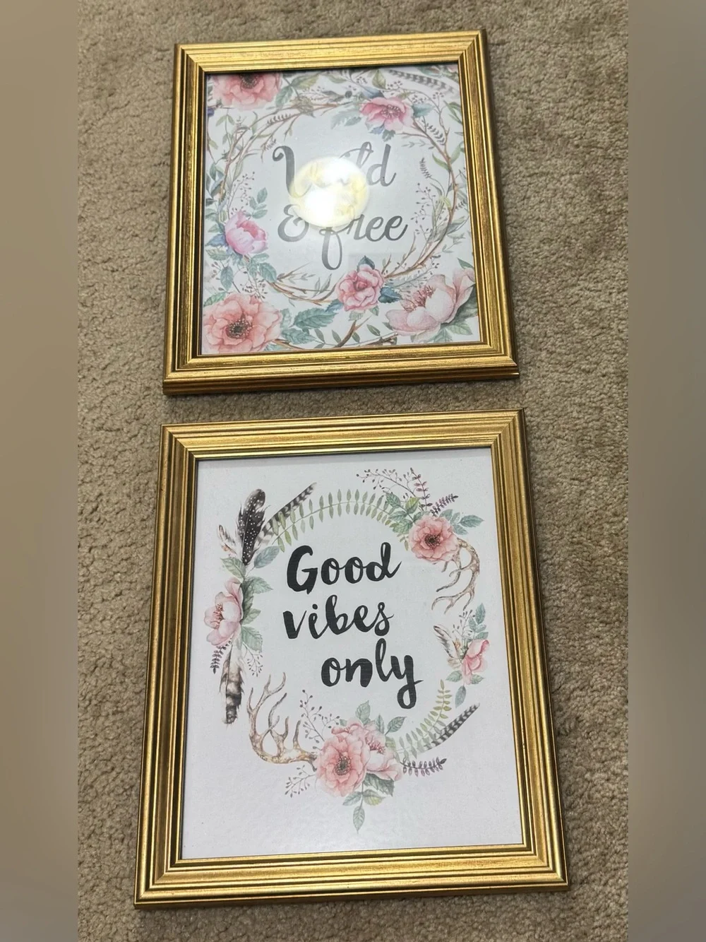 Set of 2 Floral 'Good Vibes Only' and 'Wild & Free' Gold Framed Wall Art 8x10
